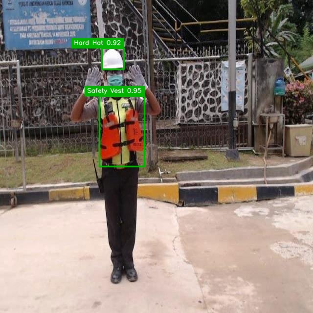 Worker wearing a hard hat and safety vest, both detected and outlined in green with confidence scores.