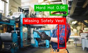 Worker with a detected hard hat and a red box marking a missing safety vest.